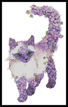 a white cat with purple flowers on it's tail is shown in this cross stitch pattern