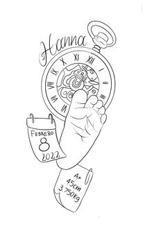 a drawing of a hand holding a clock