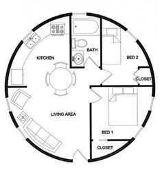 a floor plan for a round house with living area and bedroom in the center is shown