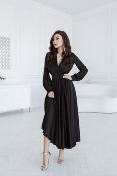 Fabric: faux silk Viscose 35%, Polyester 35%, Cotton 20% Nylon 10% V-neck Long sleeve Puffed sleeve Accordion pleat Maxi length Elegant Billowy V-neck Maxi Dress, Elegant Pleated V-neck Midi Dress, Evening V-neck Midi Dress With Folds, V-neck Dress With Gathered Sleeves For Fall, V-neck Maxi Dress With Elastic Sleeves For Party, Fall V-neck Dress With Gathered Sleeves, Formal V-neck Satin Midi Dress, Fitted Pleated V-neck Dress For Evening, Formal Pleated V-neck Dress