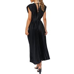 Black All-over Pleated V Neck Zip Midi Dress Black Midi Pleated Dress, Black Midi Dress With Pleated Back, Black Spring Dress With Pleated Back, Spring Black Maxi Dress With Pleated Back, Black Dress With Pleated Back For Spring, Spring Black Dress With Pleated Back, Solid Pleated Maxi Dress For Night Out, Black Midi Dress With Pleated Back For Evening, Black Summer Maxi Dress With Pleated Back