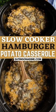 slow cooker hamburger potato casserole in the crock pot with text overlay