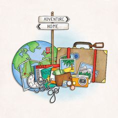 an illustration of a suitcase and travel items with a sign that says adventure home on it