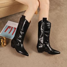 Cowboy Boots for Women Handmade Genuine Leather in Black/Red - HIGH WESTERN BOOTS Wide Calf Knee-high Martin Boots For Fall, Fall Wide Calf Ankle Martin Boots, Wide Calf Ankle Martin Boots For Fall, Winter Wide Calf Mid-calf Martin Boots, Black Martin Boots With Pointed Toe, Fall High Ankle Wide Calf Martin Boots, Fall Knee-high Fitted Moto Boots, Fall Fitted Knee-high Moto Boots, Fitted Knee-high Moto Boots For Fall