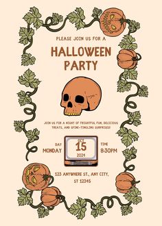 a halloween party flyer with pumpkins and a skull on the front, surrounded by vines