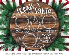 a wooden sign that says treats for santa and other holiday snacks on top of green grass