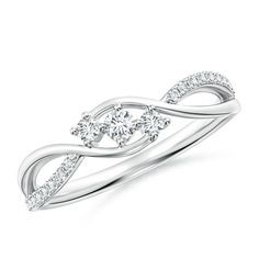 a white gold ring with two round diamonds on the top and one diamond in the middle