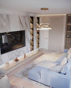 a modern living room with marble walls and flooring