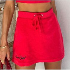 Nwot, Never Worn Red Terry Skirt With Adjustable Drawstring Waist Embriodered ‘I Am Gia’ At Hemline Red Cotton Lined Skirt, High Waist Red Cotton Skort, Red Cotton Lined Skort, Red Cotton Skort, Red Relaxed Skort For Summer, Red Relaxed Fit Skort For Summer, Red Skort For Summer, Casual Red Relaxed Skort, Red Cotton Mini Skirt