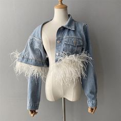 Light Jean Jacket With White Ostrich Feather Trim - Etsy Fitted Feathered Outerwear For Spring, Fitted Feather Trim Outerwear For Spring, Light Jean Jacket, Ostrich Feather Trim, Jacket Making, Feather Jacket, Seasonal Wardrobe, Light Jeans, Ostrich Feather