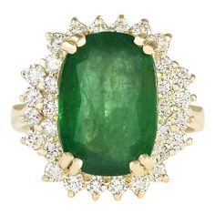 Stamped: 18K Yellow Gold Total Ring Weight: 6.6 Grams Ring Length: N/A Ring Width: N/A Gemstone Weight: Total Emerald Weight is 5.64 Carat (Measures: 13.88x9.62 mm) Color: Green Diamond Weight: Total Diamond Weight is 1.05 Carat Color: F-G, Clarity: VS2-SI1 Face Measures: 18.13x17.28 mm Sku: [704076W] Leather Jewelry Making, Yellow Gold Cocktail Ring, Contemporary Engagement Rings, Yellow Gold Diamond Ring, Emerald Diamond Ring, Gold Cocktail Ring, Gold Cocktail, Diamond Cocktail Rings, Gold Diamond Ring