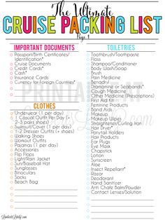 the ultimate cruise packing list is shown in this printable version, which includes items that include