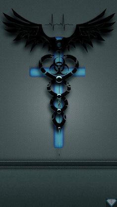 an image of a medical symbol with blue lights on it's sides and black wings