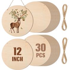 three wooden coasters with deer and tree on them, one has the number twenty two inches