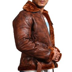 Men Brown Biker Shearling Bomber Leather Jacket Embrace urban fashion with the AlexGear brown shearling bomber jacket, an outerwear made for those who do not shy away from daring styles. Exuding rich brown hues, the jacket boasts timeless sophistication, making it a classic standout piece in your wardrobe.For all our bikers seeking a durable fashion statement, look no further, as this brown jacket is crafted using 100% genuine leather, making it highly resilient. The soft, supple leather drapes Rugged Brown Biker Jacket For Winter, Rugged Brown Leather Jacket For Winter, Brown Aviator Biker Jacket For Fall, Brown Shearling Leather Jacket For Winter, Brown Sheepskin Leather Jacket With Long Sleeves, Rugged Vintage Brown Leather Jacket For Winter, Brown Aviator Fur Coat With Faux Fur Lining, Vintage Brown Rugged Leather Jacket For Winter, Winter Shearling Leather Jacket In Brown