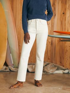 Organic Cotton Slim Straight Denim - White Dune Wash | Faherty Brand Slub Yarn, Toned Women, Perfect Denim, New Pant, Aging Beautifully, Slim Straight Jeans, Cropped Denim, Used Clothing, Denim Fabric