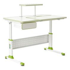 a computer desk with a green and white design on it's top, sitting on wheels