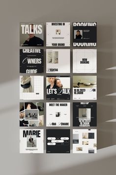 a bunch of different types of webpages are displayed on a wall in this image