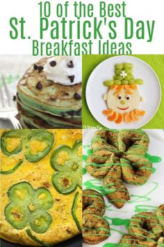 the best st patrick's day breakfast ideas are featured in this collage with green and