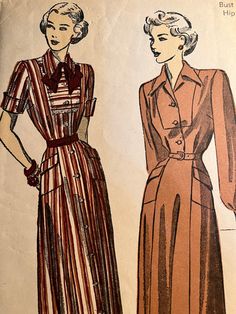 "Shirtwaist dress has semi-fitted yoked button front bodice with bust darts and soft gathers at yoke back and at waistline.  Optional long sleeves with buttoned cuffs or short sleeves with cuffs. Flared 4 gore skirt attaches to bodice at waistline.  Size 20 Bust 38\" Waist 32\" Hip 41\" Pattern tissue is not printed but is perforated with letters to identify pattern pieces. The previous owner added written instructions in pencil on most of the pattern pieces to make layout and construction easie Vintage A-line Dress With Buttons, Classic A-line Vintage Dress With Button Closure, Classic A-line Vintage Dress With Buttons, Classic Vintage Dress With Short Sleeves And Fitted Bodice, Classic Vintage Dress With Fitted Bodice And Short Sleeves, Vintage A-line Dress For Work, Retro A-line Vintage Dress For Work, Collared Fitted Vintage Dress In 1950s Style, Fitted 1950s Style Collared Vintage Dress