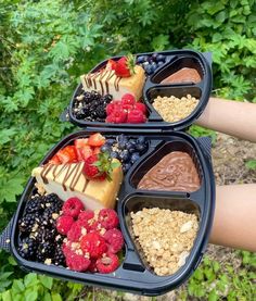 two trays filled with different types of food on top of each other in front of trees