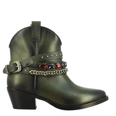 a pair of black leather boots with chains on the side and red stones in the heel