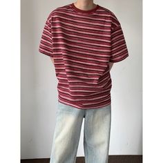 Wiaofellas Summer Shoulder Pad T Shirt Men Fashion Oversized Stripe Tshirt Men Streetwear Korean Loose Cotton Short Sleeve T-shirt Mens Top Casual Striped Crew Neck Shirt, Casual Striped Short Sleeve T-shirt, Casual Striped Crew Neck T-shirt, Casual Crew Neck Shirt, Striped Oversized Short Sleeve T-shirt, Casual Striped T-shirt For Streetwear, Red Oversized Short Sleeve T-shirt, Casual Red T-shirt, Oversized Striped Tops For Streetwear