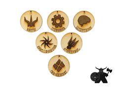 six wooden tags with different types of items in the shape of animals and trees on them