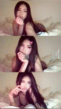 four pictures of a woman laying in bed with her hands on her face and looking at the camera