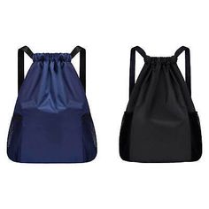 two black and blue bags sitting next to each other on a white background, one is empty