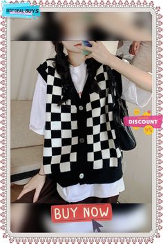 Korean Style Checkerboard Knitted Sweater Vest Women V-neck Oversized Plaid Preppy Fashion Sleeveless Knitwear Jacket Knitted Sweater Vest, Preppy Fashion, Vest Women, Sweater Vest Women, Knitted Sweater, Preppy Style, Sweater Vest, Womens Vest, Korean Fashion