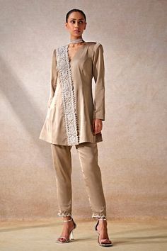 Beige full sleeves short kurta in satin base with placement sequin, pearls, glass beads embellished cut work lace detailing. Paired with a straight pant. - Aza Fashions Sureena Chowdhri, Kurta Set For Women, Short Kurta, Pink Tree, Cord Set, Kurtis With Pants, Ivory Silk, Organza Dupatta, Satin Color