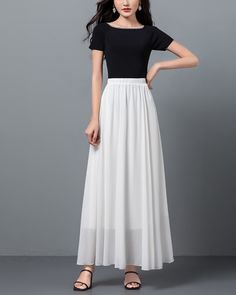 * A long skirt with elastic waist. * A-line shape and wide hem, can make you look more taller and slimmer. * Made of pearl chiffon and fully lined. * Can custom make waist size and skirt length. * Material: 100% polyester * Size: True to US size, US 0-US 20 are available, you can let us know your usual size and height in your order. * Shipping: Free shipping Processing time : 5-7 Business days Delivery time : 7-20 Business days Tracking number available If you need rush order or expedited shippi White Long Sleeve Tshirt, Skirt Chiffon, Net Skirt, White Long Skirt, White Maxi Skirts, Ankle Length Skirt, Fashion Vocabulary, Skirt High Waist, Elastic Waist Skirt