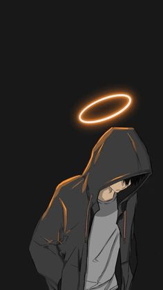 a person with a hoodie on standing in front of a black background and an orange halo above their head