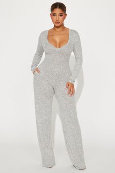 Available In Heather Grey. Jumpsuit Long Sleeve V Neck Wide Leg Stretch Inseam= 34" 80% Rayon 17% Polyester 3% Spandex Imported | Never Not Nice Jumpsuit in Heather Grey size Large by Fashion Nova