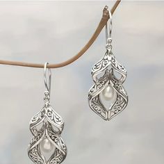 Brand New Elegant 0.14 Inch Silver Color Cute Small Pearl Engagement Earrings, Jewelry Aesthetic, Filigree Earrings, Earrings Pearl, Sterling Silver Dangle Earrings, Pearl Earrings Dangle, Lovely Earrings, Girls Jewelry, Silver Earrings Dangle