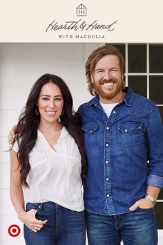 a man and woman standing next to each other in front of a white wall with the words, meet us at home with magola