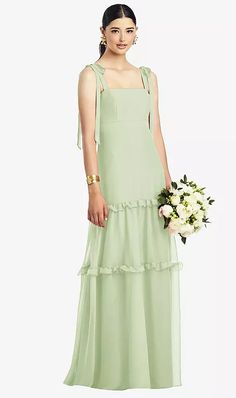 Bowed Tie-shoulder Chiffon Bridesmaid Dress With Tiered Ruffle Skirt In Limeade | The Dessy Group Romantic Bridesmaid Dresses, Bow Straps, Tiered Ruffle Skirt, Green Bridesmaid, Green Bridesmaid Dresses, Infinity Dress, Bridal Party Dresses, Dress Order, Tadashi Shoji