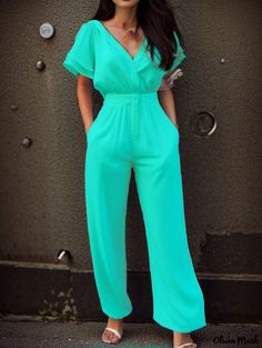 Olivia Mark - Elegant Solid Color Short-Sleeved Jumpsuit with Waist Tie Elegant Green Short Sleeve Jumpsuit, Green V-neck Jumpsuit For Work, Trendy Short Sleeve Jumpsuits For Work, Trendy Short Sleeve Jumpsuits And Rompers For Work, Trendy Green Solid Color Jumpsuits And Rompers, Green Short Sleeve Jumpsuits And Rompers, Green Fitted V-neck Jumpsuit, Green Short Sleeve Jumpsuits And Rompers For Summer, Solid Color Jumpsuits And Rompers For Spring Workwear