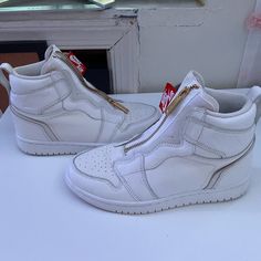 Nike Air Jordan Zip Up 1’s. All White. Gold Zipper Replaces Laces For Easy Wear. Size 5.5. I’m A Size 6.5-7 And They Fit Me Fine! No Box #Airjordan1 #Jordan1 #Aj1 #Whitesneakers #Aj1s Nike Sneakers, Shoes Nike, Gold Zipper, All White, White Sneakers, Nike Air Jordan, Easy Wear, Jordan 1, Womens Shoes Sneakers