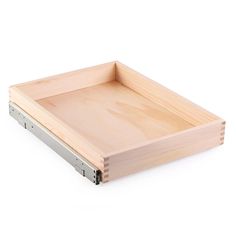 a wooden tray with metal handles on a white background