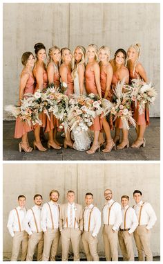 Two images showcases a wedding party in front of a concrete wall. The top images shows the bride in a line with her bridesmaids, holding their bohemian flower bouquets. The bouquets feature pampas grass. The bottom image shows the groom with his guys. He wears his suit with jacket and a floral tie. The groomsmen have taken their jackets off and have on suspenders and bowties. Fall Wedding Tan Suits, Bridal Bonfire Outfit, Boho Bridesmaid Dress Beach, Bridesmaid Boho Dresses, Champagne Wedding Attire, 9 Bridesmaids And Groomsmen, Tan Suits For Wedding Color Schemes Bridal Parties, Groomsmen Attire May Wedding, Groom And Groomsmen Attire Boho