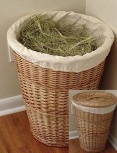 a wicker basket with grass in it next to a trash can on the floor