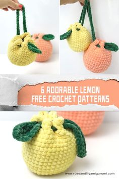 crocheted lemons with green leaves are shown in four different pictures and the text, 6 adorable lemon free crochet patterns