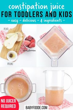 three pictures showing how to make baby food juice for toddlers and kids with instructions