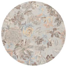 a round rug with an abstract floral design on the center and sides, in grey