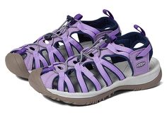 KEEN Whisper - Women's Sandals : Chalk Violet/English Lavender : The KEEN Whisper is a water-friendly sandal that's perfect for adventures anywhere from hidden coves to rushing rivers. Available in a variety of uppers. Washable polyester webbing builds a sporty upper with a quick draw elastic lacing system. Metatomical EVA footbed molds to your foot's shape for personalized comfort. Compression molded low profile EVA midsole. Classic KEEN toe bumper for added foot protection. Women's specific la English Lavender, Quick Draw, Women's Sandals, Sketchers Sneakers, Product Reviews, Low Profile, Chalk, Womens Sandals, Violet