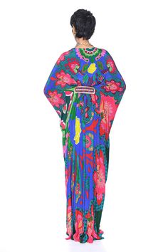 Buy Blue Pure Crepe Print Mystic Rafflesia V Neck Kaftan For Women by Siddhartha Bansal Online at Aza Fashions. Bohemian Floral Print Evening Kaftan, Multicolor Bohemian Kaftan For Evening, Bohemian Evening Kaftan With Kimono Sleeves, Evening Bohemian Kaftan With Kimono Sleeves, V Neck Kaftan, Kaftan For Women, Batwing Sleeve, Bat Wings, Aza Fashion