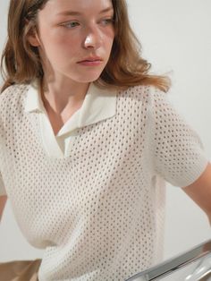 This is a minimal and modern top by VLETI that is made out of high quality and sturdy material. With distinctive mood of the design and comfortable wear, you can style it for your casual daily outfit.- Light knit with high air permeability- Comfortable regular silhouette- Minimal and feminine mood White V-neck Top With Seamless Collar, Summer Textured Knit Top For Workwear, Summer Workwear Textured Knit Top, Textured Knit Top For Summer Workwear, Everyday White Knit Top, White Crew Neck Top In Pointelle Knit, Casual Solid Color Pointelle Knit Tops, White Short Sleeve Knit Top For Work, Spring Classic Pointelle Knit Tops