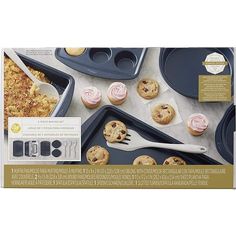 an assortment of baking supplies including cupcakes and muffins